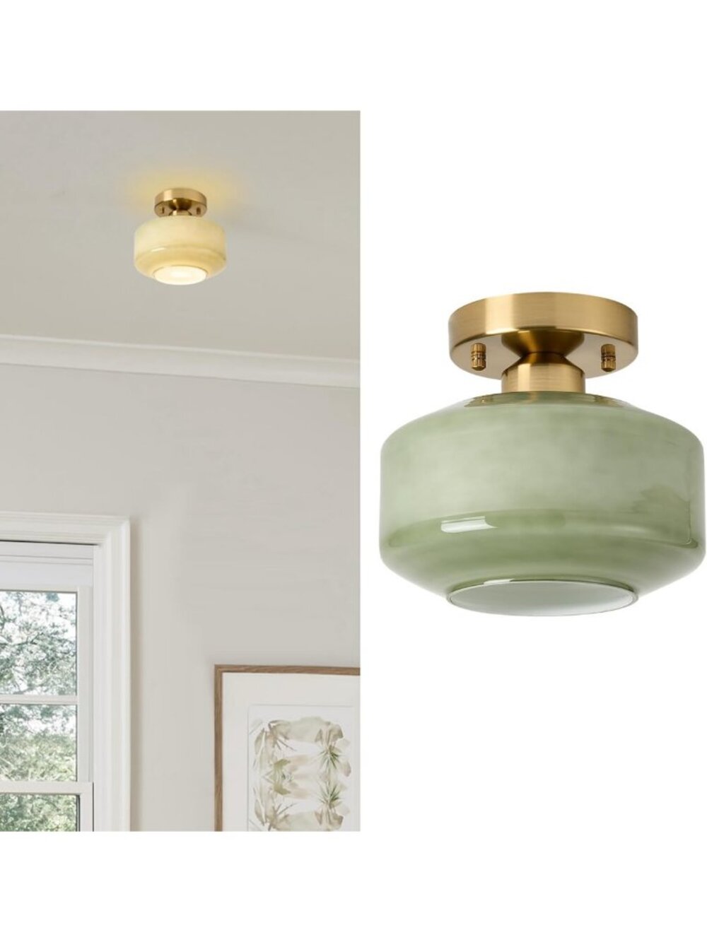 Chic Semi Flush Mount Ceiling Light - 8.66" Olive Green Milk Glass Shade